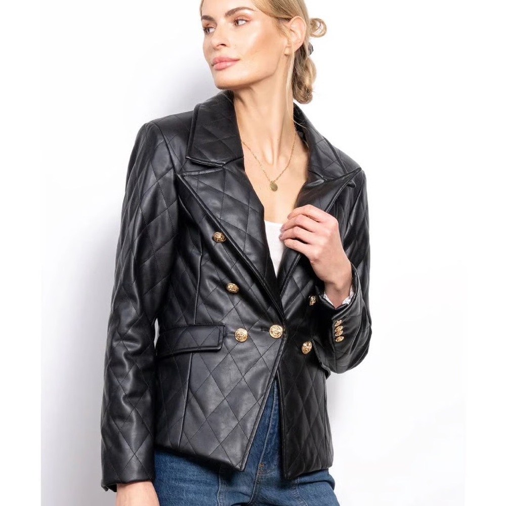 NWOT Anthropologie Faux Leather Black Quilted Blazer Jacket Size S